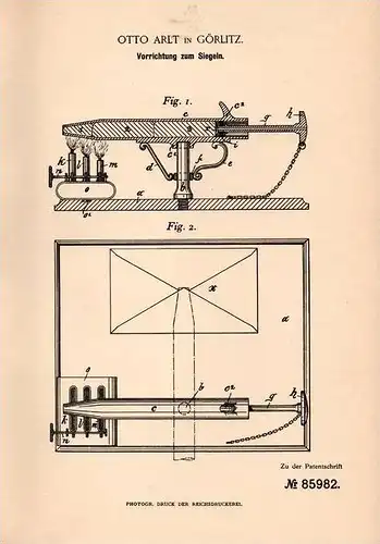 Original Patentschrift - Otto Arlt in Görlitz , 1895 , Apparat zum Siegeln , Siegel , Siegellack !!!