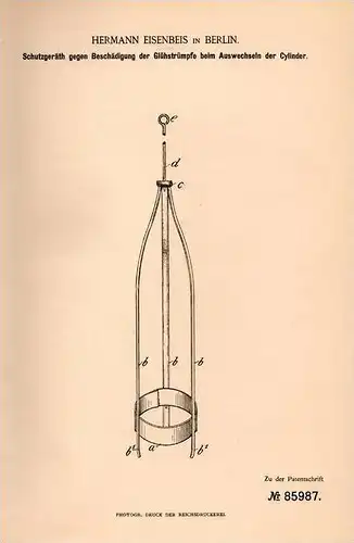 Original Patentschrift - H. Eisenbeis in Berlin , 1895 , Schutzgerät für Gas - Glühlichtbrenner , Lampen !!!