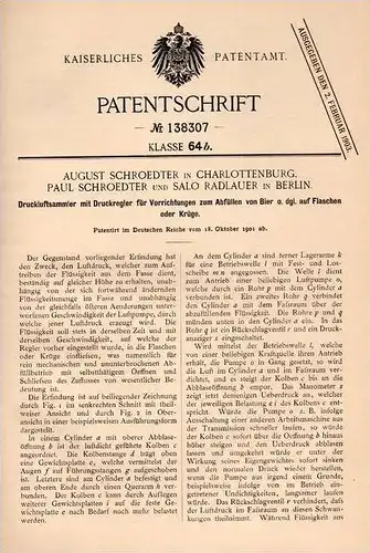 Original Patentschrift - A. Schroedter und S. Radlauer in Charlottenburg , 1901 , Druckluftanlage für Bier , Brauerei !!