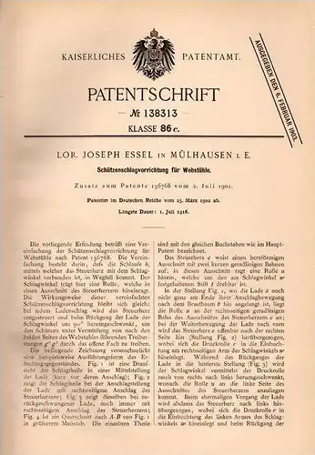 Original Patentschrift - L. Essel in Mühlhausen / Mulhouse i.E., 1902 , Métier a Tisser , Apparat für Webstuhl , Weberei