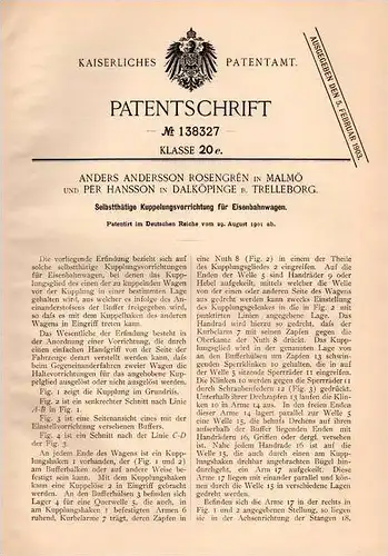 Original Patentschrift - A. Rosengrén und P. Hansson in Dalköpinge b. Trelleborg , 1901 , Eisenbahn - Kupplung , Malmö !