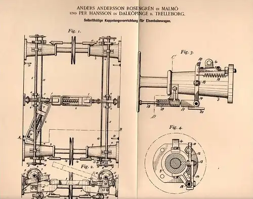 Original Patentschrift - A. Rosengrén und P. Hansson in Dalköpinge b. Trelleborg , 1901 , Eisenbahn - Kupplung , Malmö !