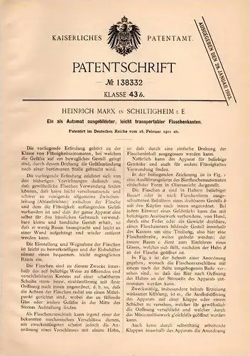 Original Patentschrift - H. Marx in Schiltigheim i.E., 1901 , Machine pour bouteilles , bouteille , Flaschen !!!