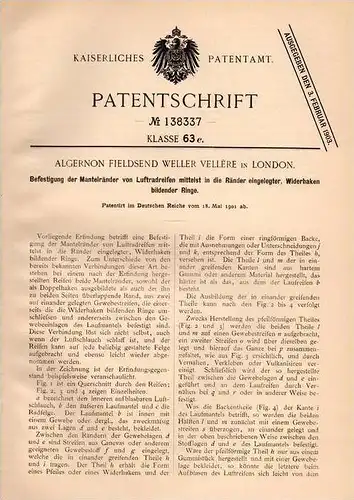 Original Patentschrift - A.F.W. Vellere in London , 1901 , Tire mounting , automobile , motorcycle !!!
