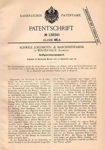 Original Patentschrift - Locomotivfabrik in Winterthur 1900, Kraftgas - Erzeugungsapparat , Lokomotive , Lok , Eisenbahn