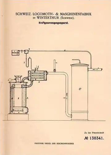 Original Patentschrift - Locomotivfabrik in Winterthur 1900, Kraftgas - Erzeugungsapparat , Lokomotive , Lok , Eisenbahn