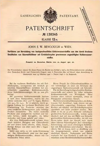 Original Patentschrift - John E.W. Bengough in Wien , 1901, Herstellung von hochgeschwefeltem Kohlenwasserstoff , Chemie