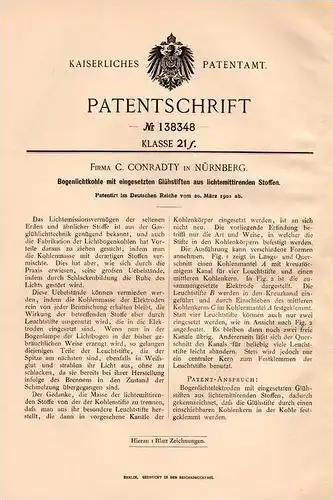 Original Patentschrift - C. Conradty in Nürnberg , 1902 , lichtemmittierende Glühstifte , LED , Lampe !!!