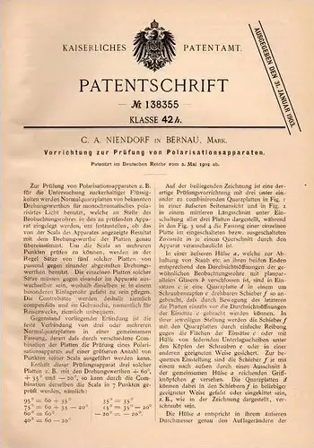 Original Patentschrift - C.A. Niendorf in Bernau / Mark , 1902 , Prüfapparat für  Polarisationsapparat , Scala , Zucker