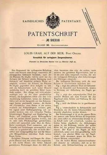 Original Patentschrift - Louis Grah , Auf der Beek b. Velbert , 1896 , Zangenscheere , Scheere , Arzt , Nagelscheere !!!