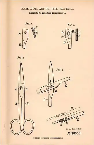 Original Patentschrift - Louis Grah , Auf der Beek b. Velbert , 1896 , Zangenscheere , Scheere , Arzt , Nagelscheere !!!