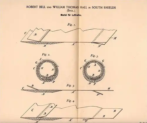 Original Patentschrift - R. Bell und W. Hall in South Shields , 1897 , Tires for bicycle , wheel !!!