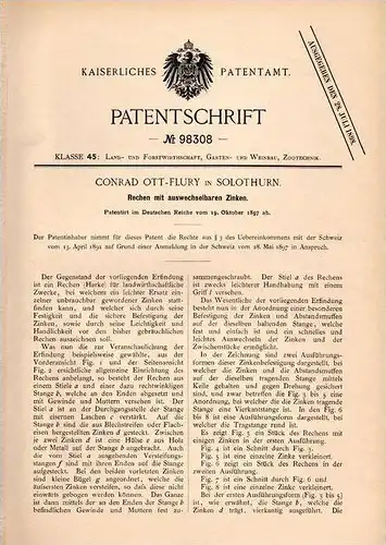 Original Patentschrift - C. Ott - Flury in Solothurn , 1897 , Rechen mit Wechselzinken , Landwirtschaft , Agrar !!!