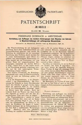 Original Patentschrift - Ferdinand Dombach in Amsterdam , 1896 , Apparat zum Getreide waschen , Windmühle , Mühle !!!