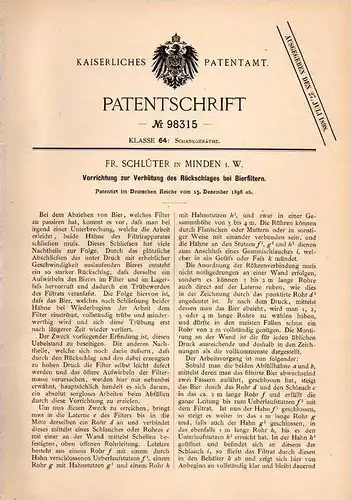 Original Patentschrift - Fr. Schlüter in Minden i.W., 1896 , Bierfilter , Bier , Zapfanlage , Rückschlagverhinderer  !!!