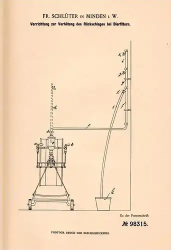 Original Patentschrift - Fr. Schlüter in Minden i.W., 1896 , Bierfilter , Bier , Zapfanlage , Rückschlagverhinderer  !!!