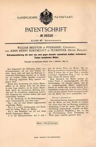 Original Patentschrift - W. Brenton und J. Northcott in Polbathic und Plymstock , 1897 , screws securing !!!