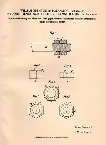 Original Patentschrift - W. Brenton und J. Northcott in Polbathic und Plymstock , 1897 , screws securing !!!