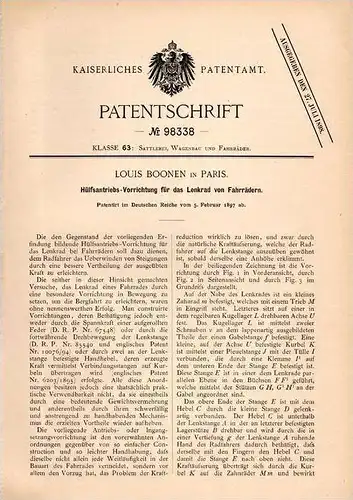 Original Patentschrift - Louis Boonen in Paris , 1897 , Volant conduire pour vélo !!!