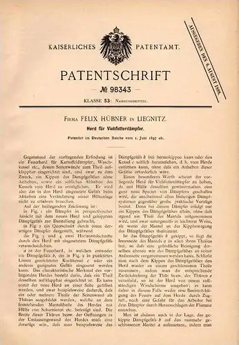 Original Patentschrift - F. Hübner in Liegnitz , 1897 , Dämpfer für Viehfutter , Herd , Landwirtschaft , Kartoffeln !!!