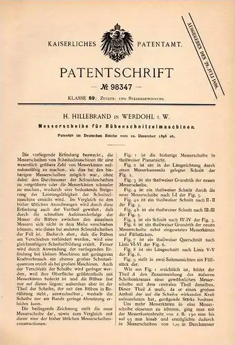 Original Patentschrift - H. Hillebrand in Werdohl i.W., 1896 , Messerscheibe für Rüben - Schnitzelmaschinen , Zucker !!!