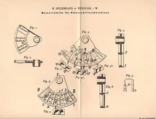 Original Patentschrift - H. Hillebrand in Werdohl i.W., 1896 , Messerscheibe für Rüben - Schnitzelmaschinen , Zucker !!!