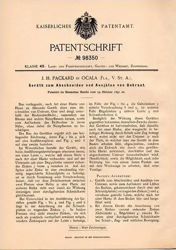 Original Patentschrift - J. Packard in Ocala , Forida , 1897 , device for weed , plant , horticulture !!!