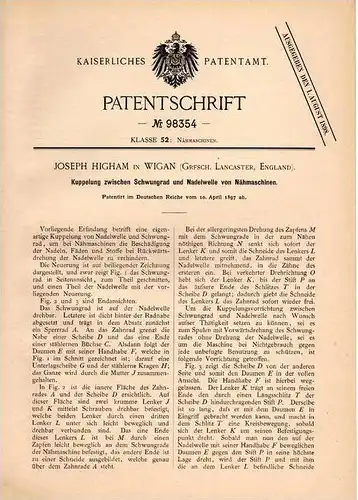 Original Patentschrift - J. Higham in Wigan , Lancaster , 1897 , Sewing machine , clutch !!!