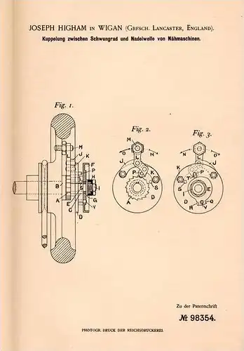 Original Patentschrift - J. Higham in Wigan , Lancaster , 1897 , Sewing machine , clutch !!!
