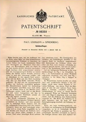 Original Patentschrift - P. Lehmann in Spremberg , 1898 , Schützenfänger , Weberei , Weber , Webstuhl !!!
