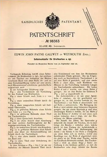 Original Patentschrift - E.J. Gallwey in Weymouth , Engl., 1897 , vending machine für post stamps !!!