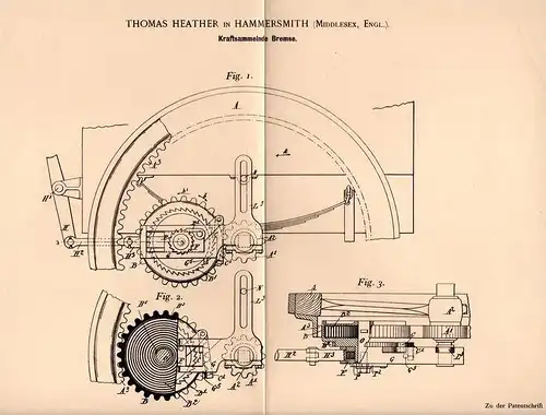 Original Patentschrift - Th. Heather in Hammersmith , 1897 , brake force collector , coach !!!