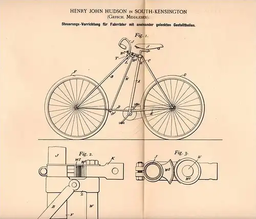 Original Patentschrift - H. Hudson in South Kensington , 1897 , control for bike , bicycle !!!