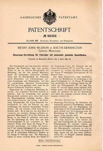 Original Patentschrift - H. Hudson in South Kensington , 1897 , control for bike , bicycle !!!