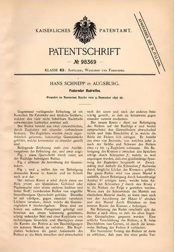 Original Patentschrift - Hans Schnepp in Augsburg , 1897 , federnder Radreifen , Reifen , Fahrrad , Motorrad !!!