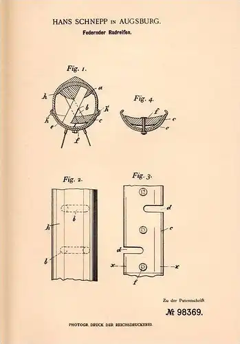 Original Patentschrift - Hans Schnepp in Augsburg , 1897 , federnder Radreifen , Reifen , Fahrrad , Motorrad !!!