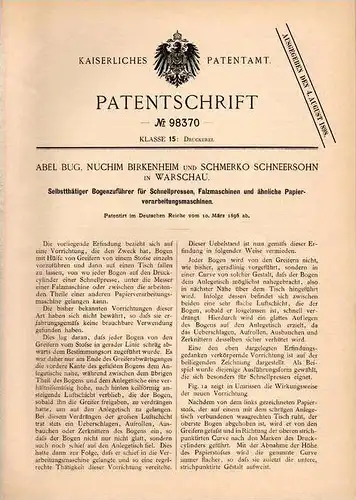 Original Patentschrift - A. Bug , N. Birkenheim und S. Schneersohn in Warschau , 1896 , Presse für Papier , Druckerei !!