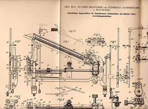 Original Patentschrift - A. Bug , N. Birkenheim und S. Schneersohn in Warschau , 1896 , Presse für Papier , Druckerei !!