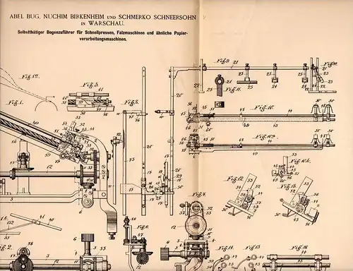 Original Patentschrift - A. Bug , N. Birkenheim und S. Schneersohn in Warschau , 1896 , Presse für Papier , Druckerei !!