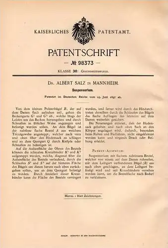 Original Patentschrift - D. A. Salz in Mannheim , 1897 , Suspensorium für Hodensack , Arzt , Gynäkologe , Hoden !!!