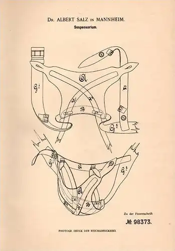 Original Patentschrift - D. A. Salz in Mannheim , 1897 , Suspensorium für Hodensack , Arzt , Gynäkologe , Hoden !!!