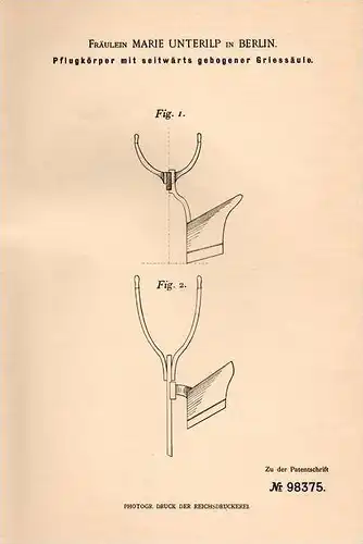 Original Patentschrift - Marie Unterlip in Berlin , 1897 , Pflug , Landwirtschaft , Agrar , Bauer , Ackerbau !!!