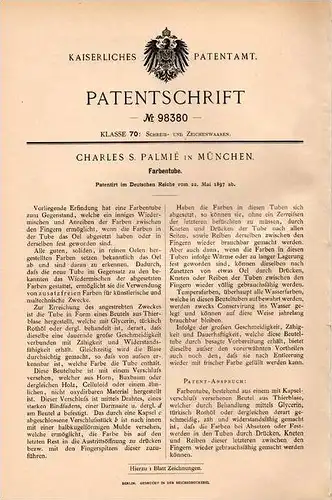 Original Patentschrift - Charles S. Palmié in München , 1897 , Farbentube , Farbe , Malerei , Maler , Kunst . Gemälde !!