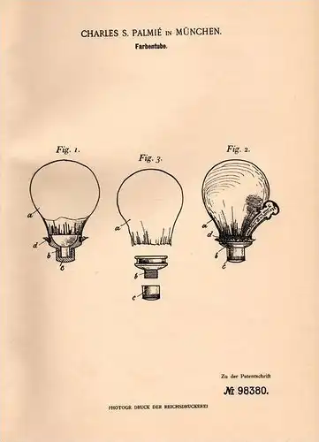 Original Patentschrift - Charles S. Palmié in München , 1897 , Farbentube , Farbe , Malerei , Maler , Kunst . Gemälde !!