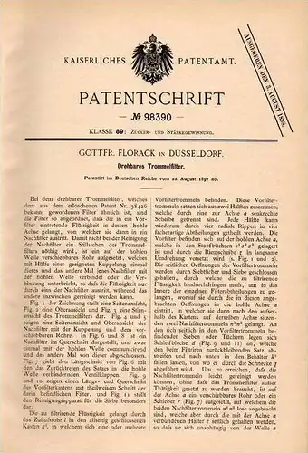 Original Patentschrift - G. Florack in Düsseldorf , 1897 , drehbares Trommelfilter , Filter , Zucker , Zuckerfabrik !!!
