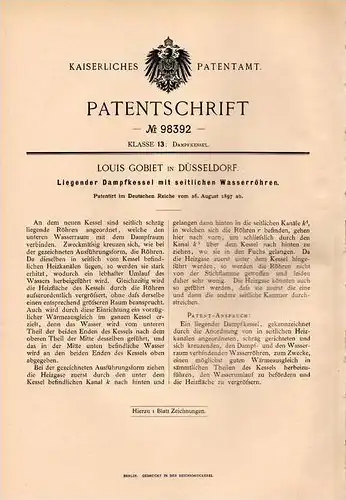 Original Patentschrift - Louis Gobiet in Düsseldorf , 1897 , liegender Dampfkessel , Dampfmaschine !!!