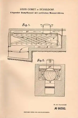 Original Patentschrift - Louis Gobiet in Düsseldorf , 1897 , liegender Dampfkessel , Dampfmaschine !!!