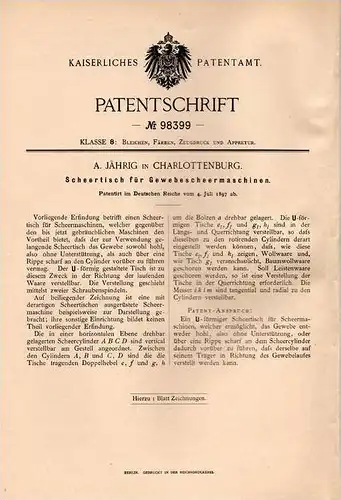 Original Patentschrift - A. Jährig in Charlottenburg , 1897 , Scheertisch für Gewebe - Scheermaschine , Textilien !!!
