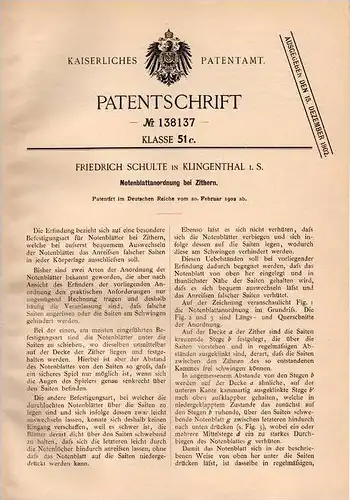 Original Patentschrift - F. Schulte in Klingenthal i.S. , 1902, Zither - Notenblatt , Musik , Noten , Instrument , Harfe