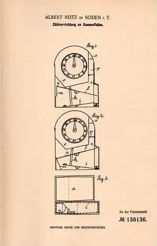 Original Patentschrift - A. Reitz in Soden i.Th., 1901 , Zähler für Sammelfalle , Mausefalle , Falle , Mäuse , Maus  !!!